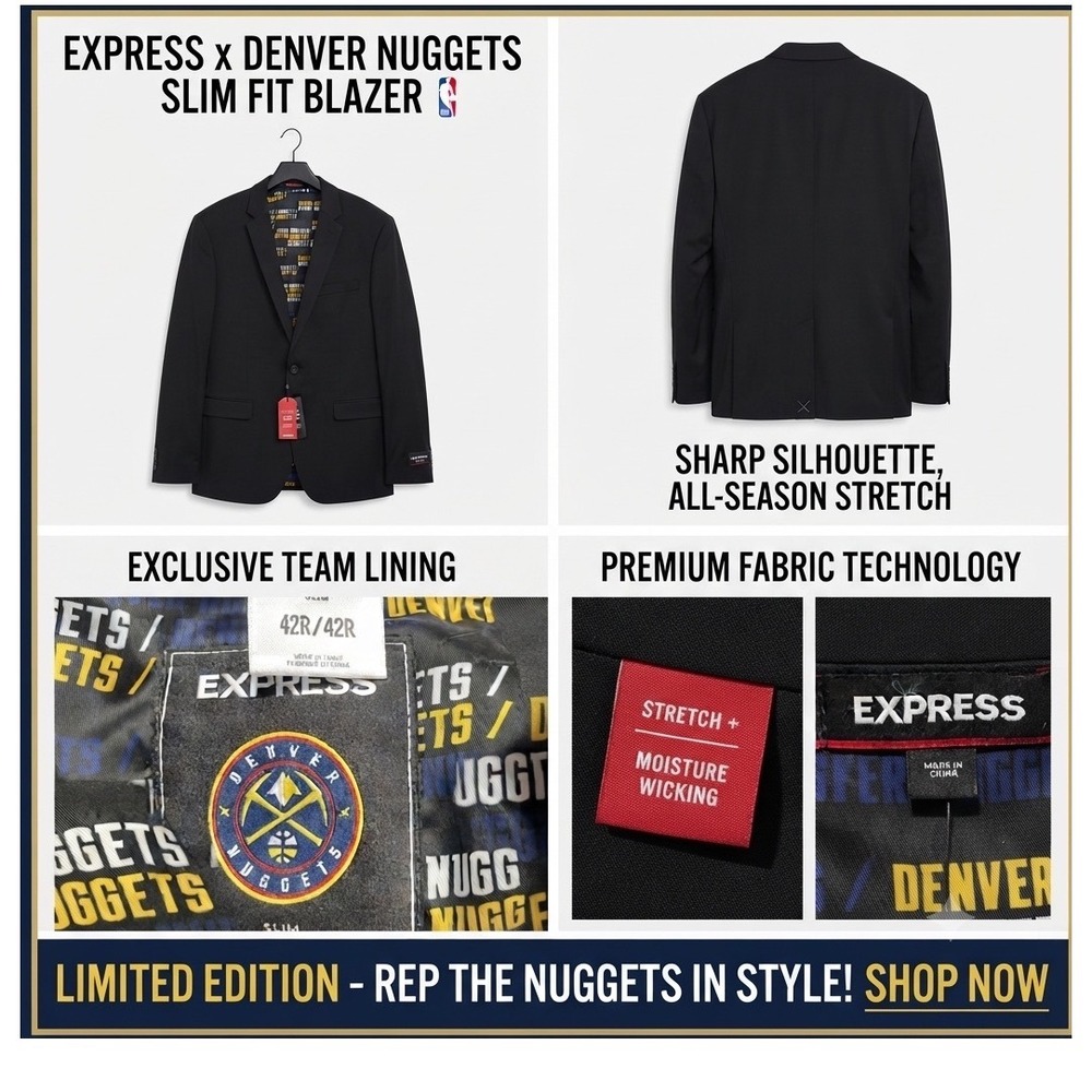 Express x NBA Denver Nuggets Slim Fit Blazer Mens 42R Black Stretch Jacket NEW